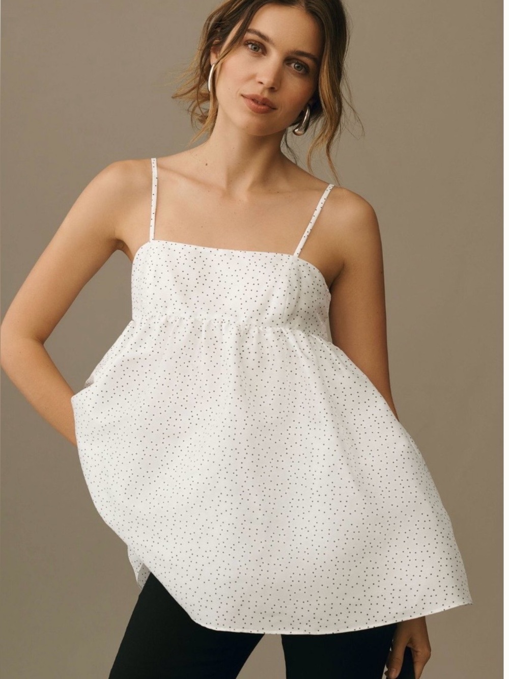Anthropologie White Spotted Spaghetti Strap Blouse